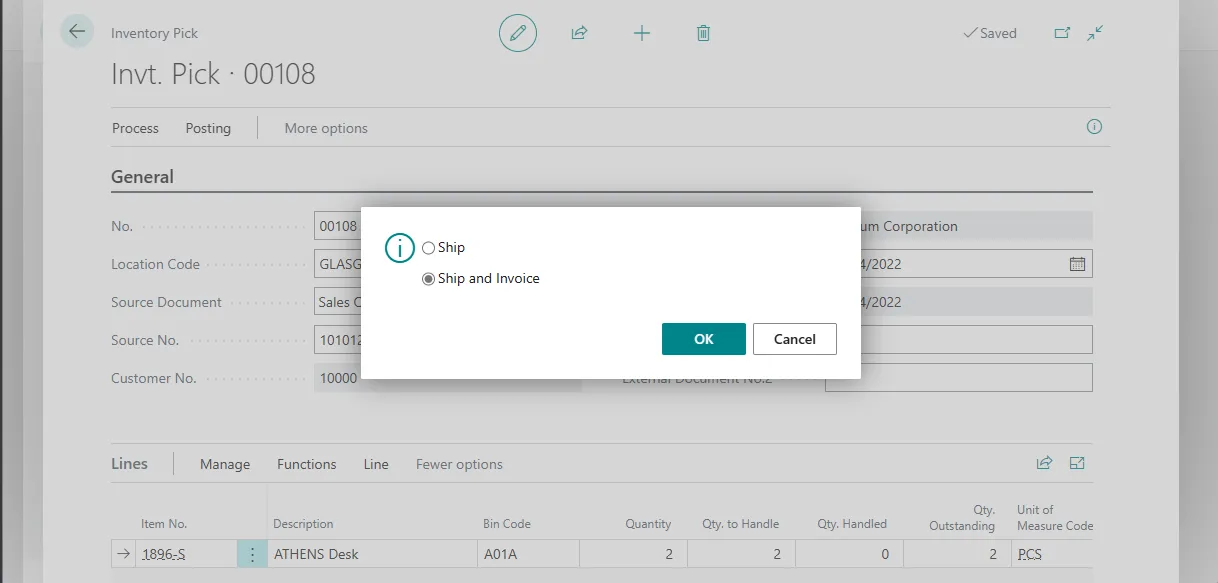 Post dialog on an inventory pick with Ship and Ship and Invoice options