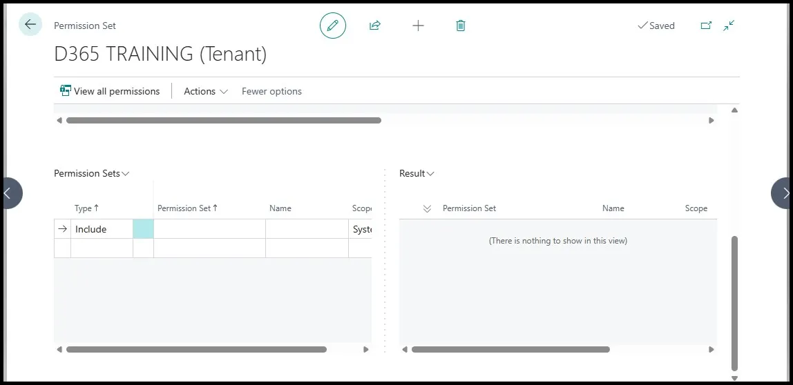 New user-defined permission set page with an empty Permission Sets include line ready for a first entry