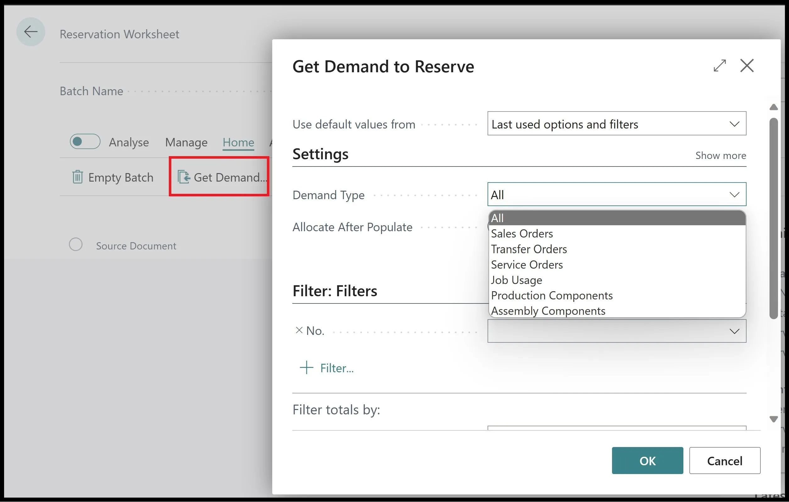 Get Demand to Reserve request page with the Demand Type dropdown open showing Sales Orders and other options