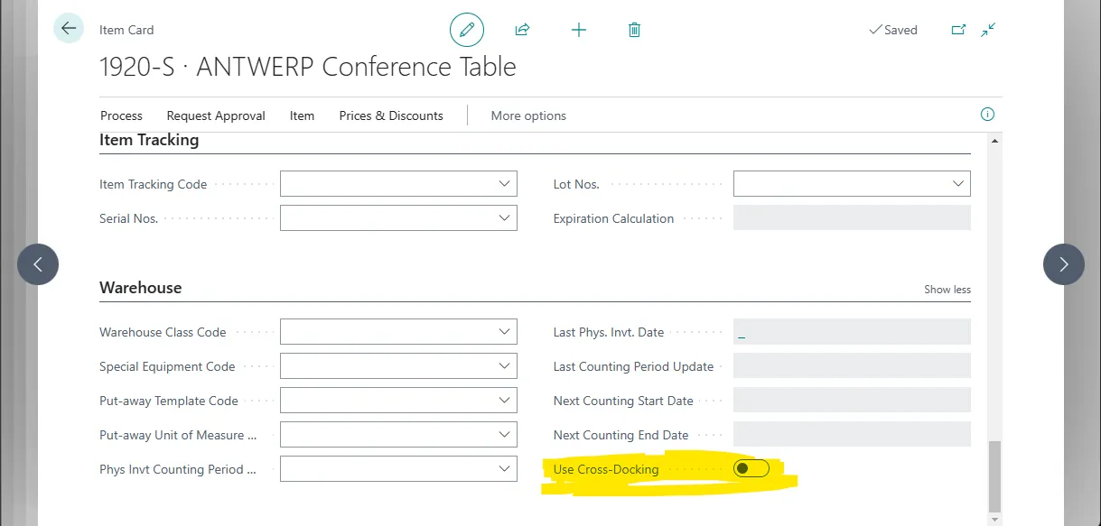 Item card for a conference table with the Use Cross-Docking toggle in the Warehouse section