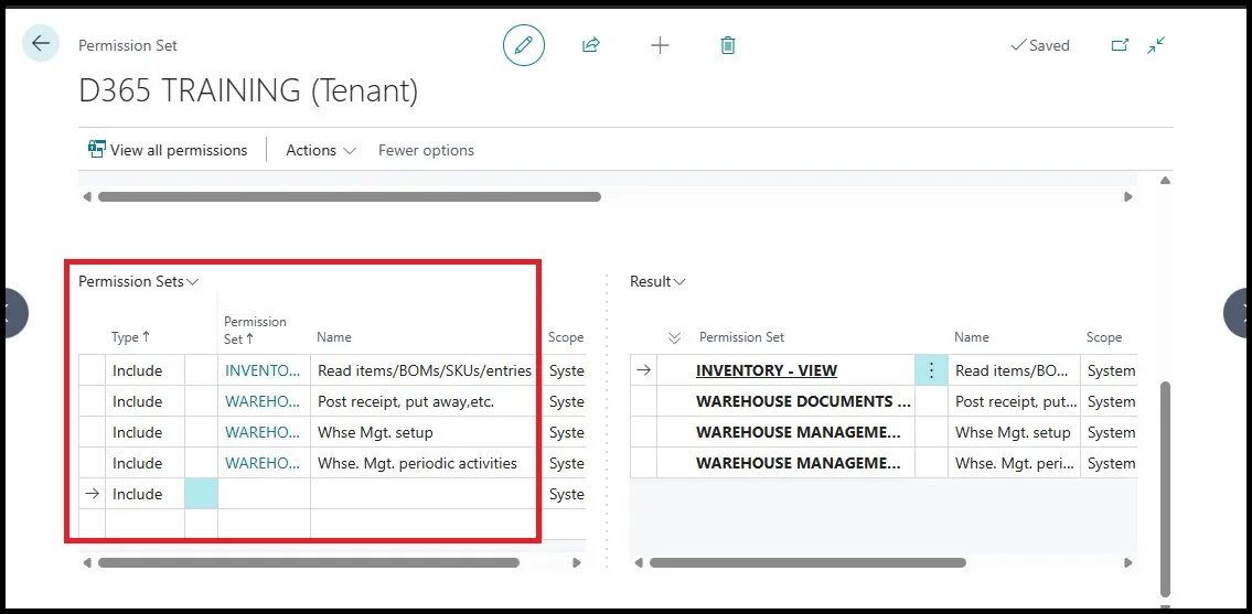 D365 TRAINING permission set with WMS-related permission sets included, such as warehouse receipt and setup
