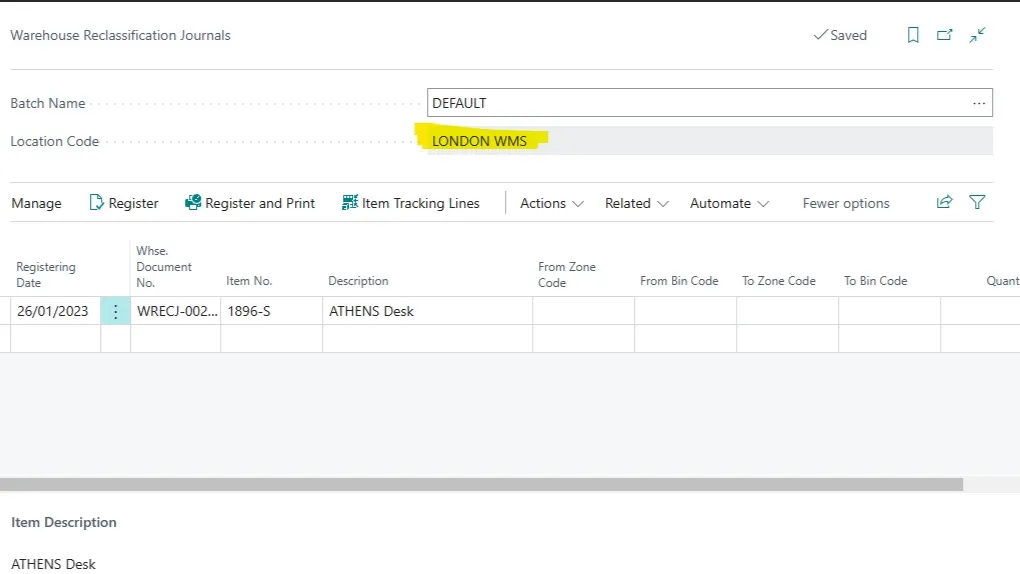 Warehouse Reclassification Journal with the batch location code set to LONDON WMS
