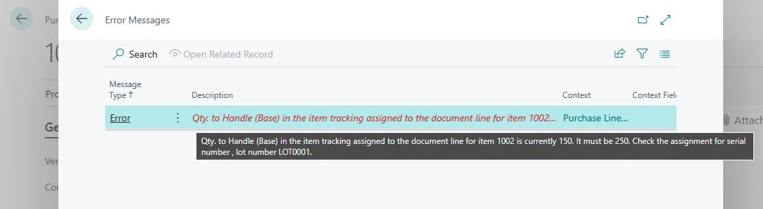 Error Messages page reporting that Qty. to Handle for item 1002 must be 250 to match the tracked lot quantity