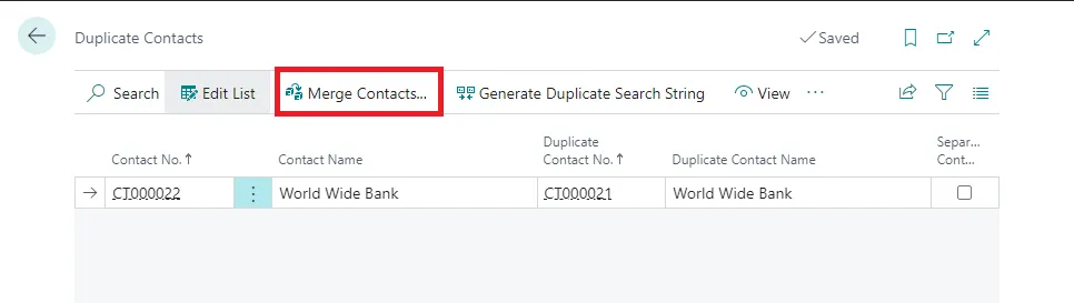 Duplicate Contacts page with the Merge Contacts action highlighted