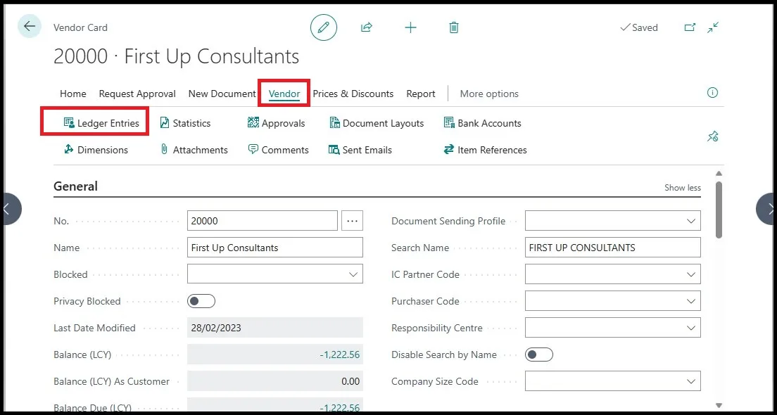 Vendor card with the Vendor menu and Ledger Entries action highlighted