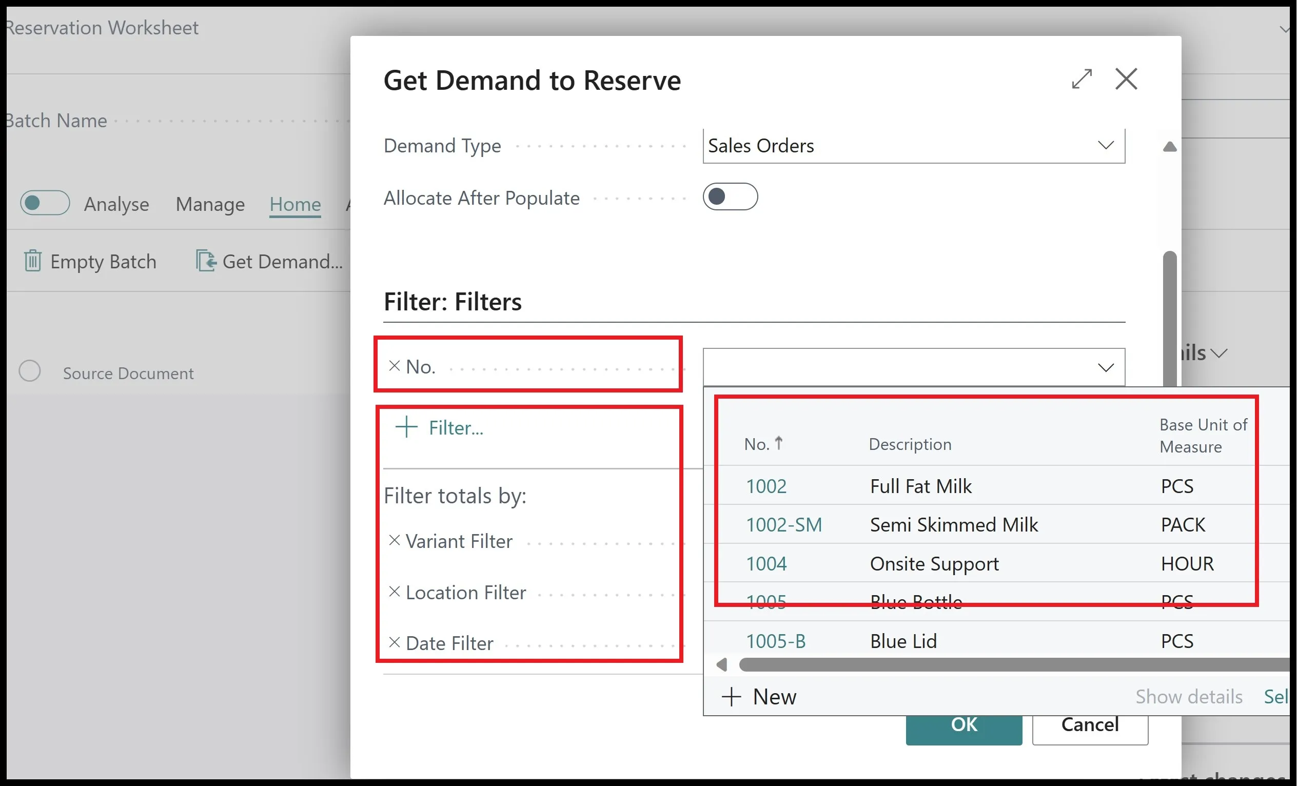 Get Demand to Reserve page with the item number filter open showing a list of items to select