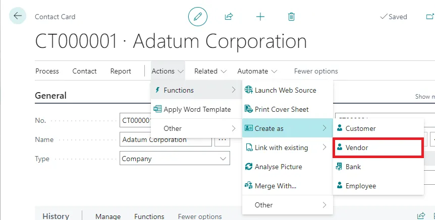 Contact Card Actions menu with Create As expanded and the Vendor option highlighted