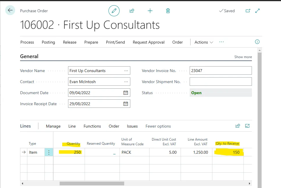 Purchase order line with Quantity 250 and Qty. to Receive reduced to 150 for a part-receipt
