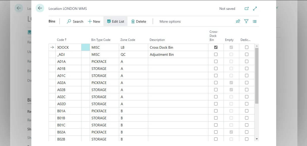 Bins list for a full WMS location with bin XDOCK set to bin type MISC and marked as Cross-Dock Bin