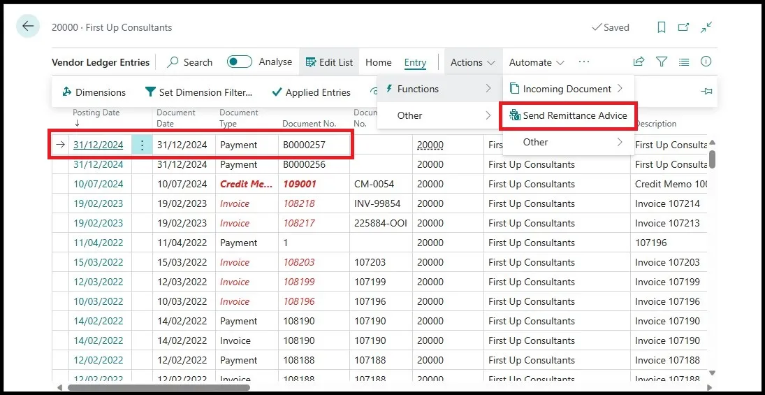 Vendor ledger entries list with a payment line selected and Send Remittance Advice highlighted under Actions