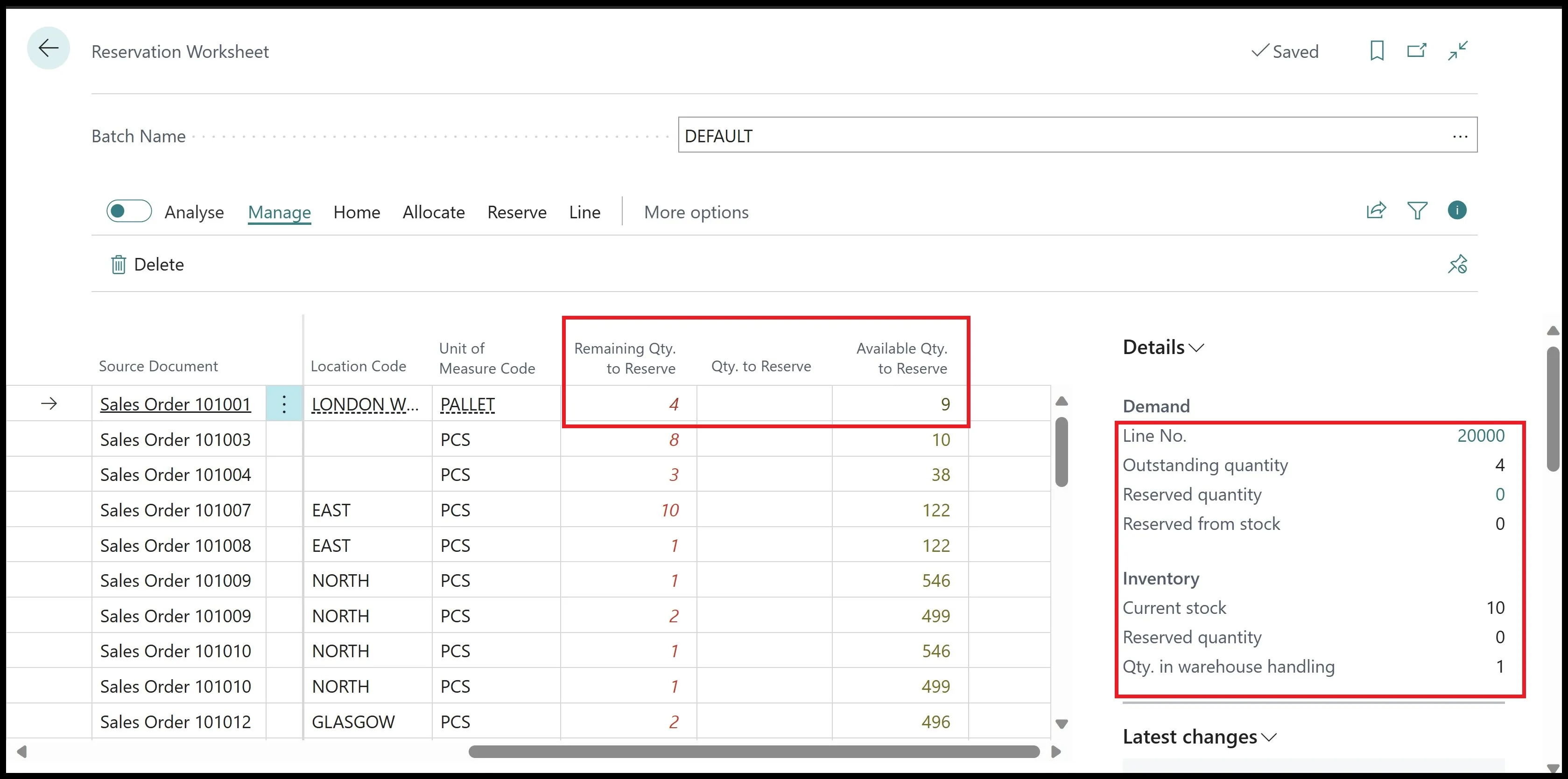 Reservation Worksheet lines with Remaining Qty. to Reserve and Available Qty. to Reserve columns highlighted