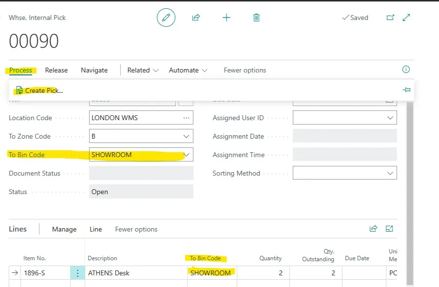 Warehouse internal pick with the To Bin Code set to SHOWROOM and the Create Pick action highlighted
