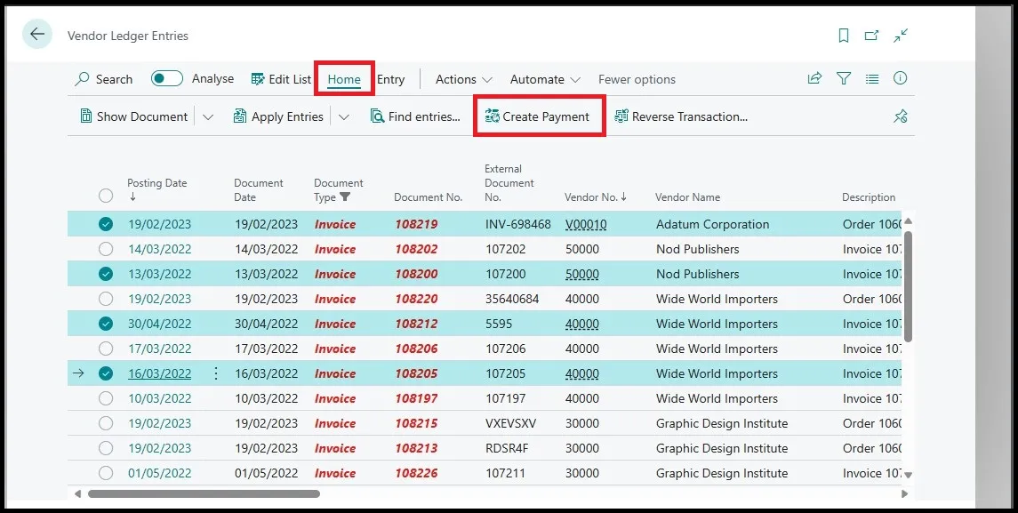 Vendor Ledger Entries list with several invoices selected and the Create Payment action highlighted
