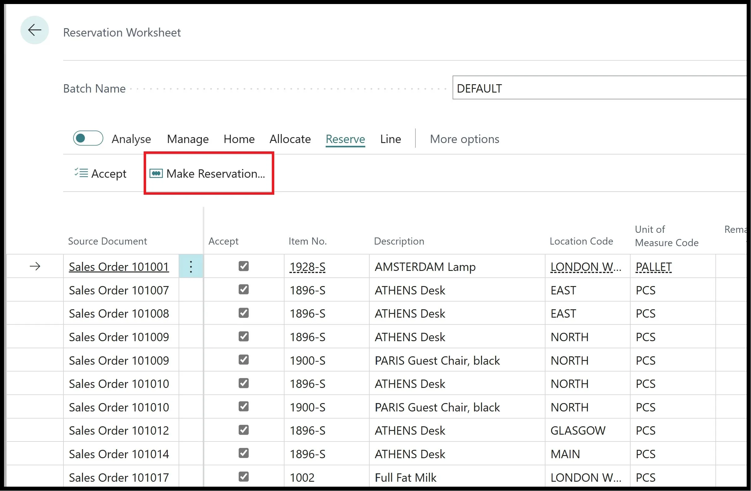 Reservation Worksheet Reserve tab with the Make Reservation action highlighted above the accepted demand lines