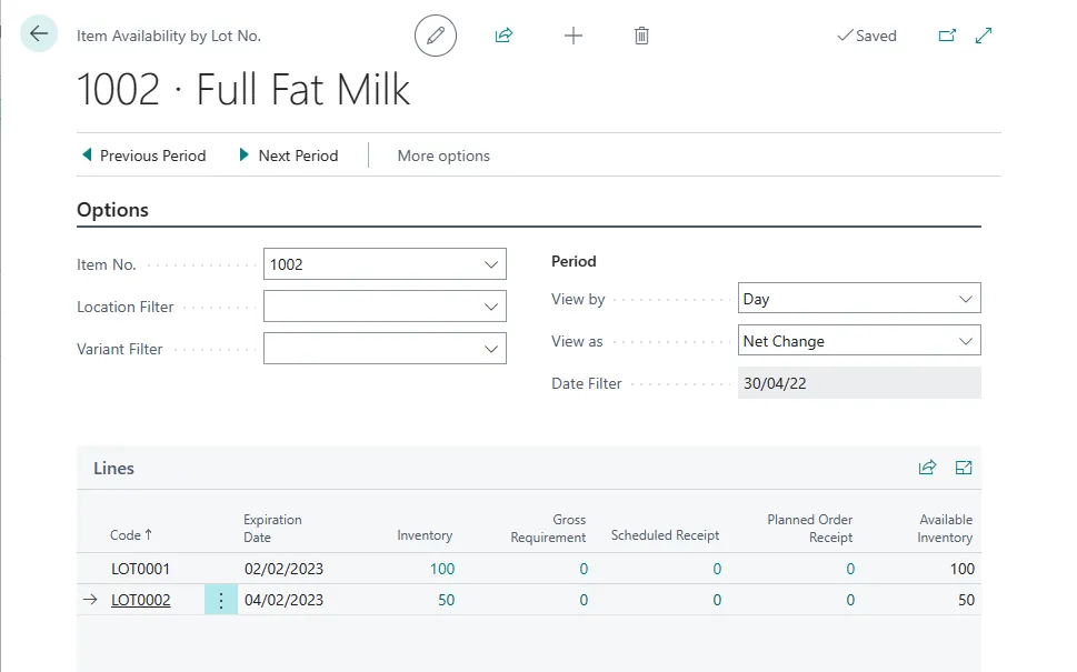 Item Availability by Lot No. page for item 1002 showing available inventory for LOT0001 and LOT0002