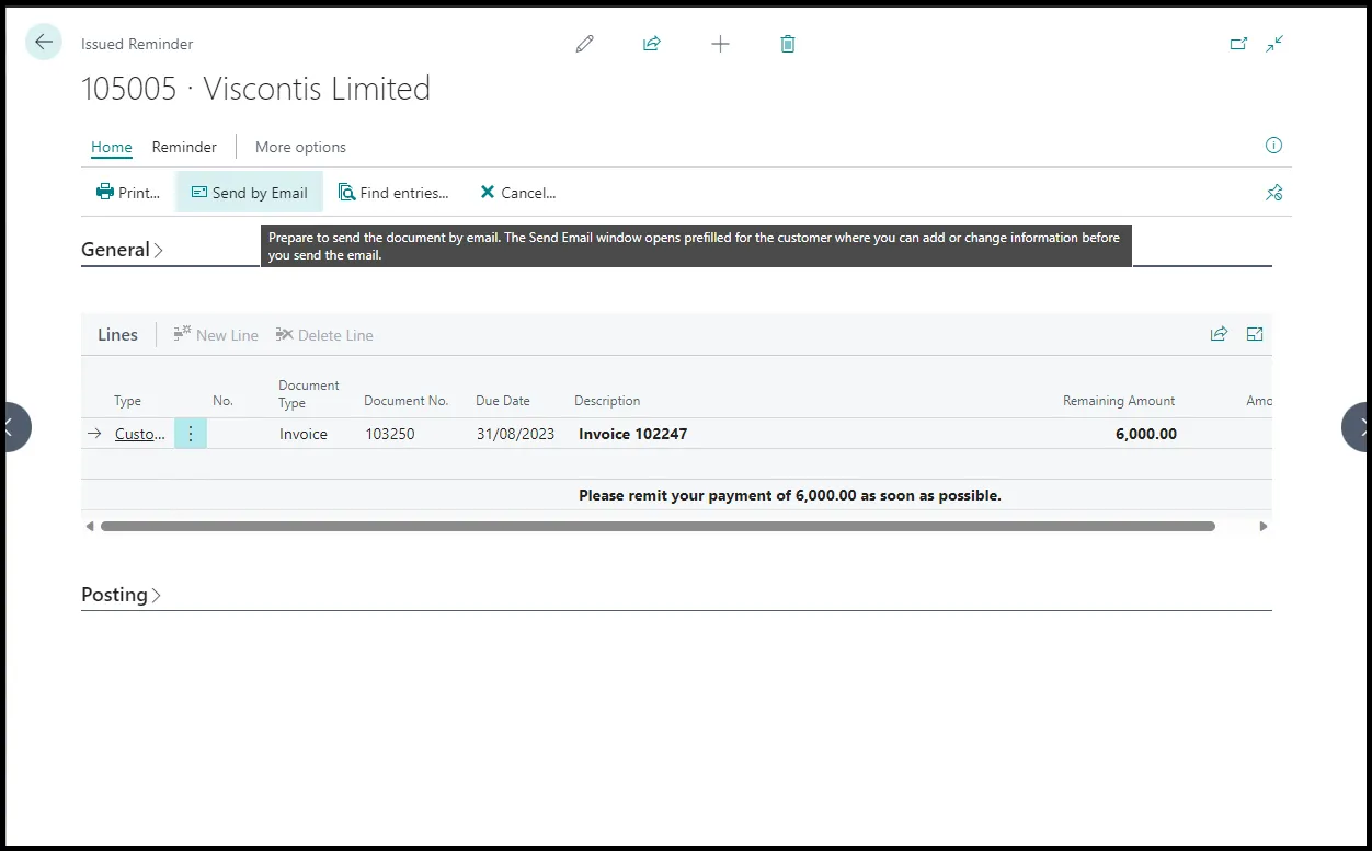 Send an issued reminder to a customer via email