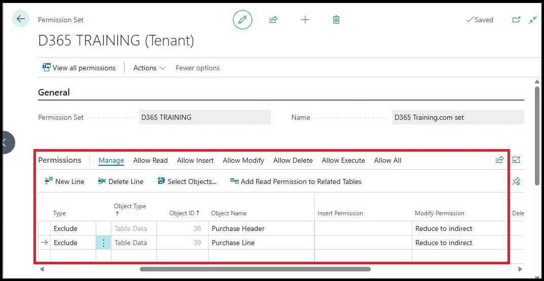 Permission set page with Purchase Header and Purchase Line excluded and Modify Permission reduced to indirect