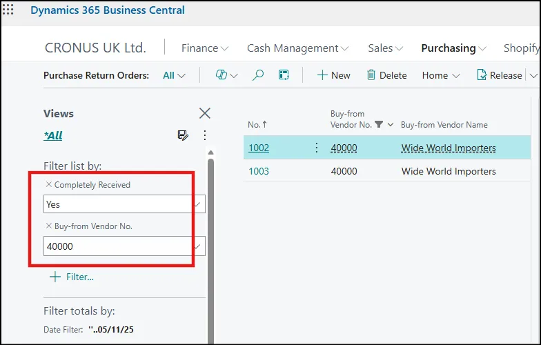 Purchase Returns List Page