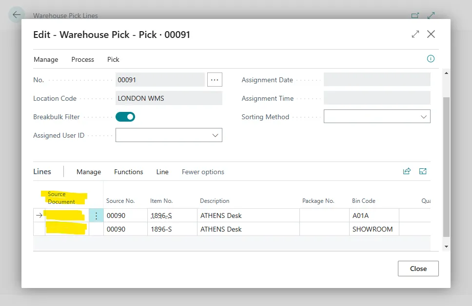 Warehouse pick lines with no source document, taking from bin A01A and placing into bin SHOWROOM