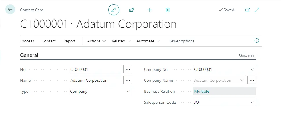 Contact Card for Adatum Corporation showing the Business Relation field set to Multiple