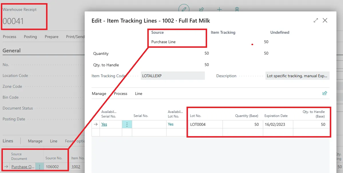 Warehouse receipt with Item Tracking Lines open showing LOT0004 carried over from the linked purchase line