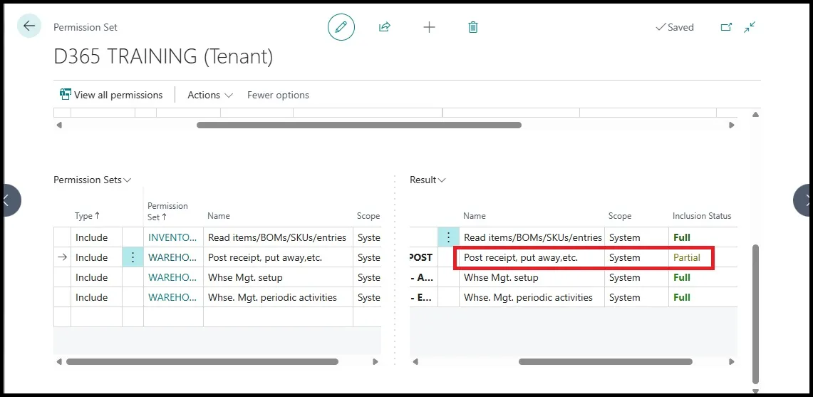 Permission set results list showing the Warehouse Doc Post entry with a Partial inclusion status