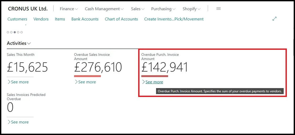 Business Central role centre Activities tile showing Overdue Purch. Invoice Amount with a See More link