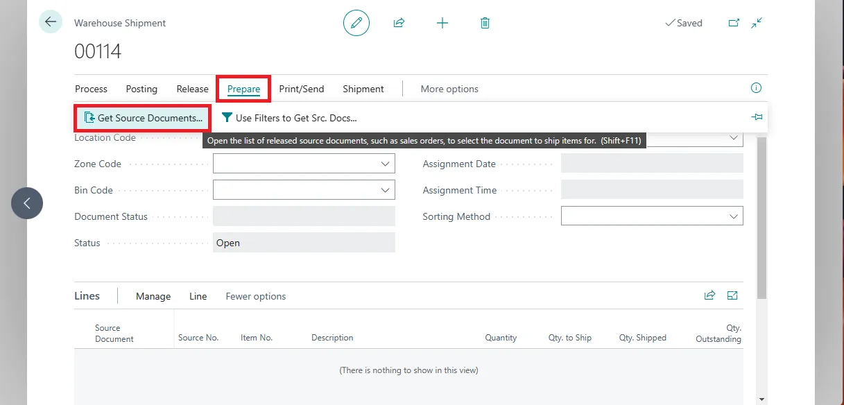 Blank warehouse shipment with the Get Source Documents action highlighted on the Prepare menu