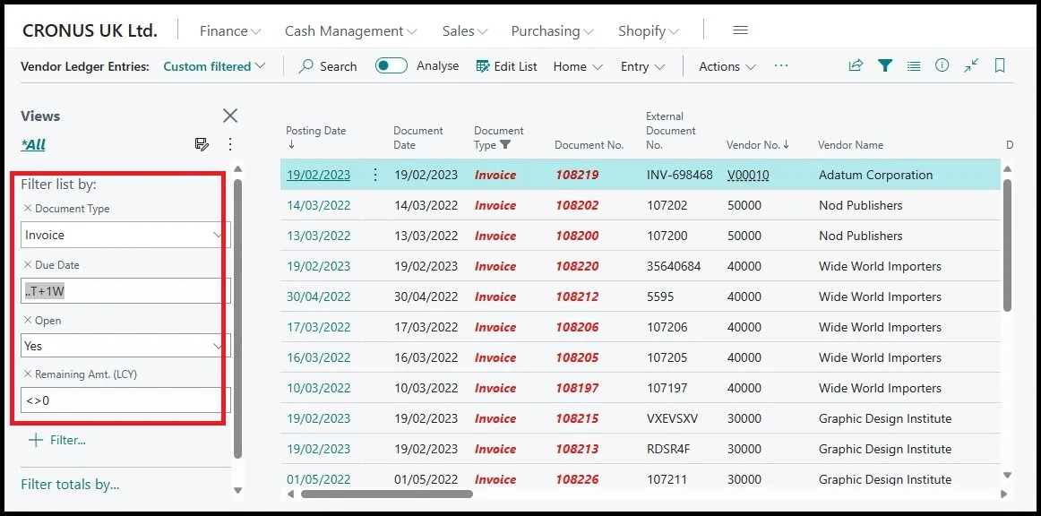 Vendor Ledger Entries filtered by Due Date using the formula .T+1W to show invoices due within a week