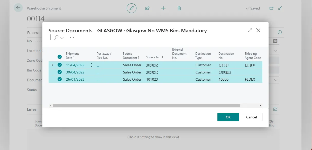 Source Documents list on a warehouse shipment with multiple sales orders selected for Glasgow