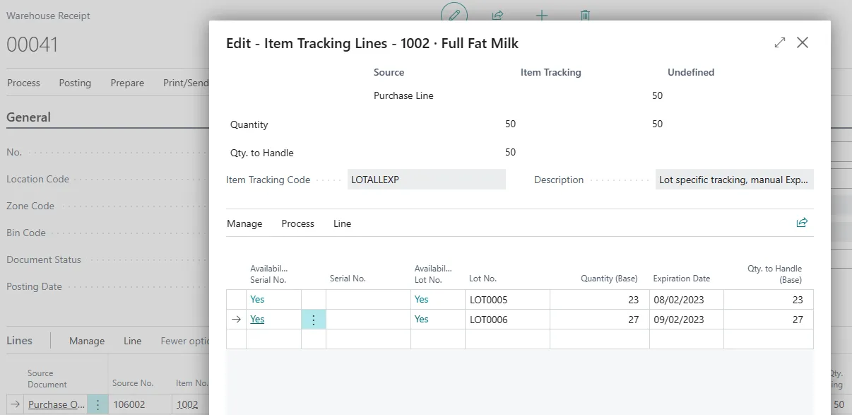Warehouse receipt Item Tracking Lines updated directly with LOT0005 and LOT0006 and their expiration dates