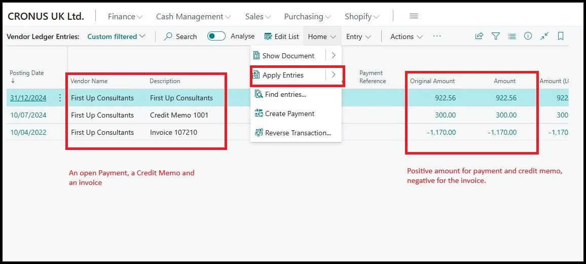 Vendor ledger entries with the Apply Entries action open, showing an open payment, credit memo and invoice
