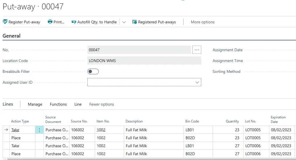 Put-away document with separate lines for LOT0005 and LOT0006 split by lot and bin code