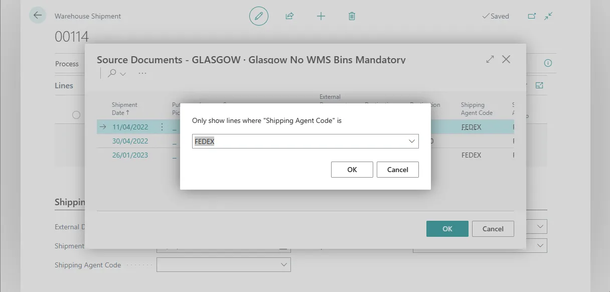 Filter dialog restricting the source documents list to orders with shipping agent code FEDEX