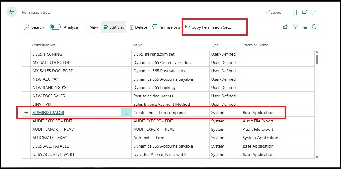 Permission Sets list with the ADMINISTRATOR set selected and the Copy Permission Set action highlighted