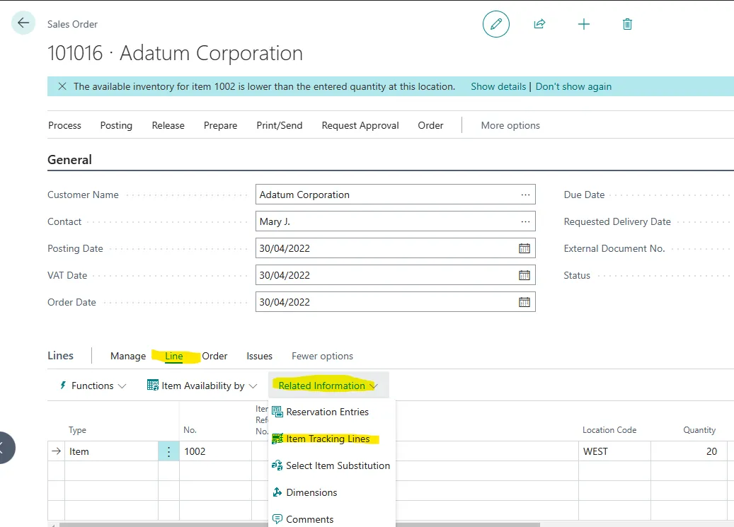 Sales order line menu with Item Tracking Lines highlighted under Related Information to select a lot
