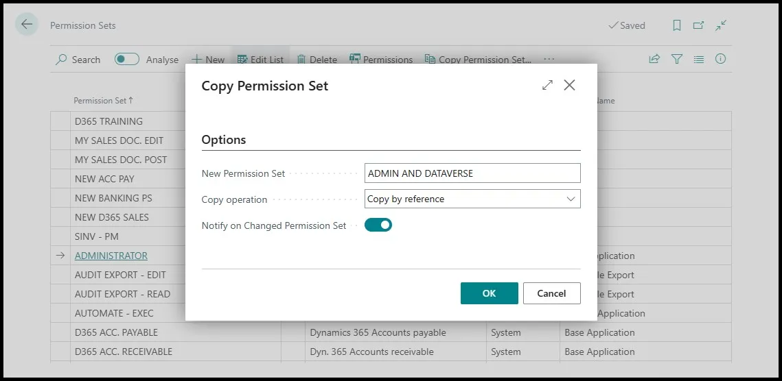 Copy Permission Set dialog with the new set named ADMIN AND DATAVERSE and Copy by reference selected
