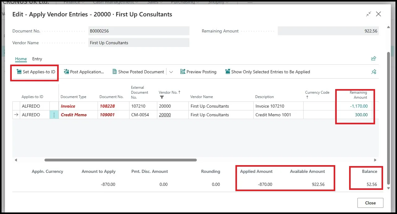 Apply Vendor Entries page with an invoice and credit memo selected and the resulting balance of 52.56 shown