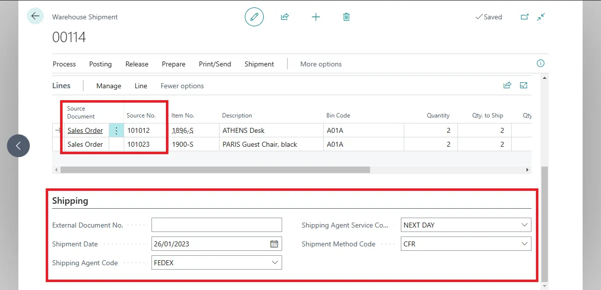 Warehouse shipment lines from two sales orders with shipping agent, service, and Incoterm fields filled in