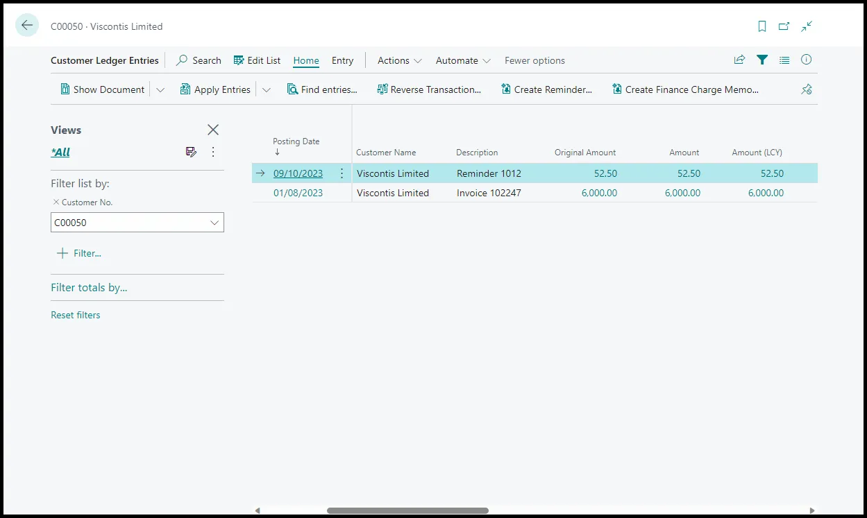 customer ledger entries showing a reminder