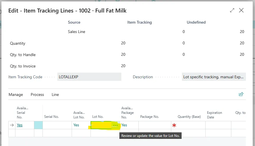Item Tracking Lines page for a sales line with the Lot No. field’s three-dot lookup highlighted