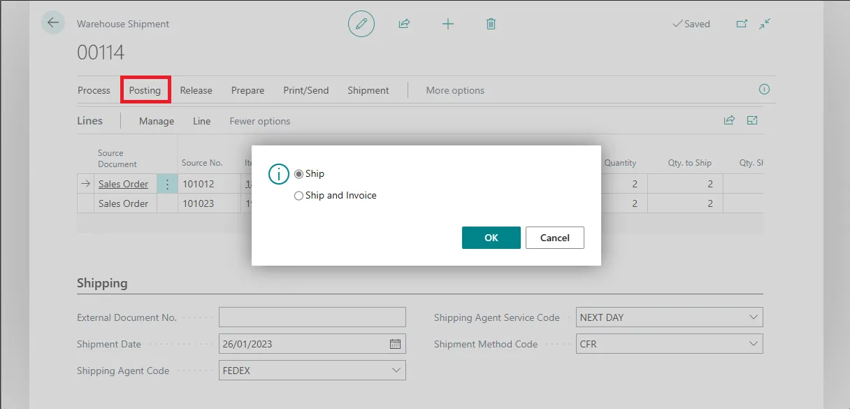 Post dialog on a warehouse shipment with Ship and Ship and Invoice options