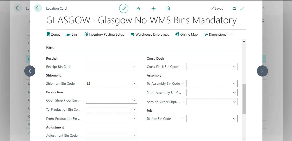 Location card Bins section with the Shipment Bin Code set to LB as the default shipping bin