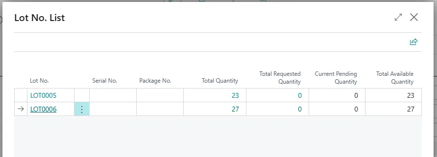 Lot No. List page showing LOT0005 and LOT0006 with their total and available quantities