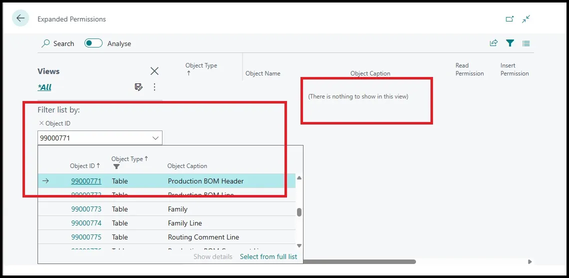 Expanded Permissions filtered by object ID 99000771 showing no result for the Production BOM Header table