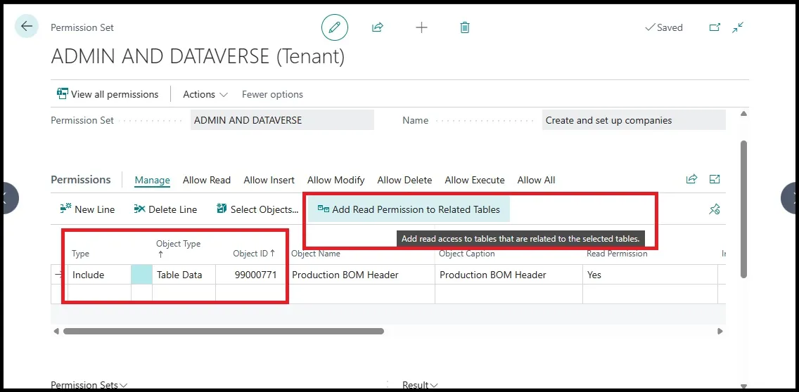 Permission set page with Production BOM Header added as an included table object and read permission granted