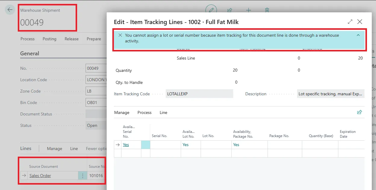 Warehouse shipment blocked from lot assignment with a message that tracking is handled through a warehouse activity