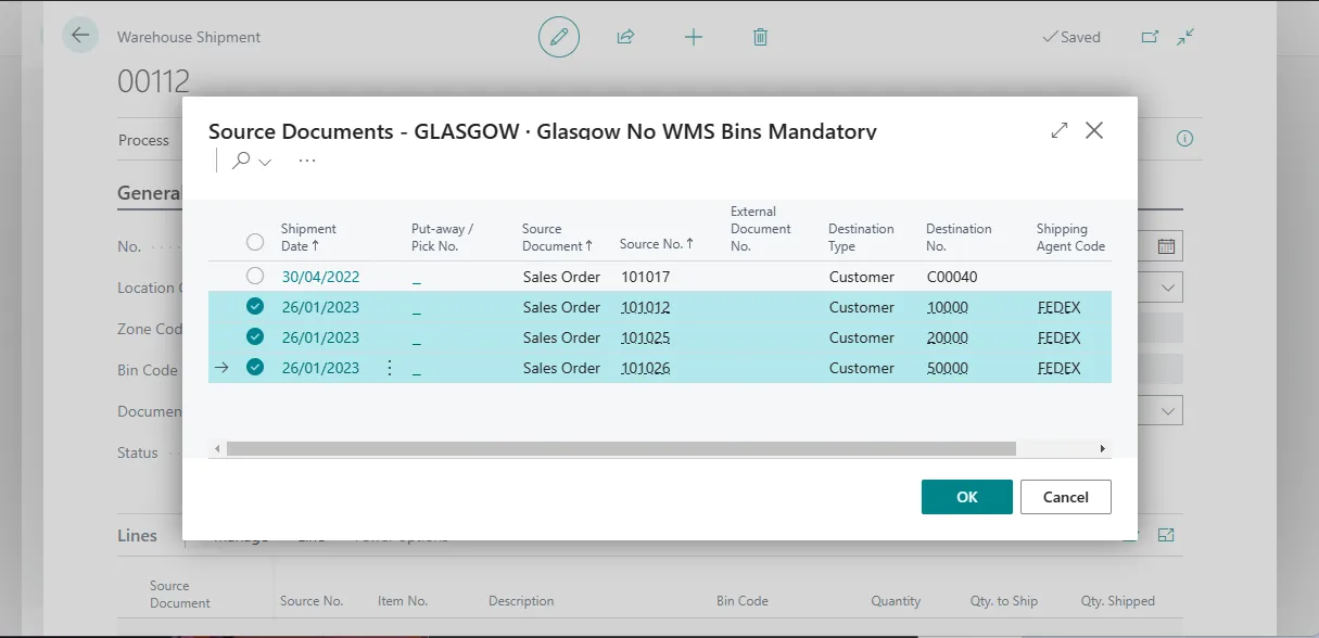 Source Documents list on a warehouse shipment with three orders selected by shipment date