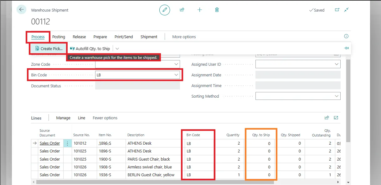 Warehouse shipment lines showing zero quantity to ship and the Create Pick action on the Process menu