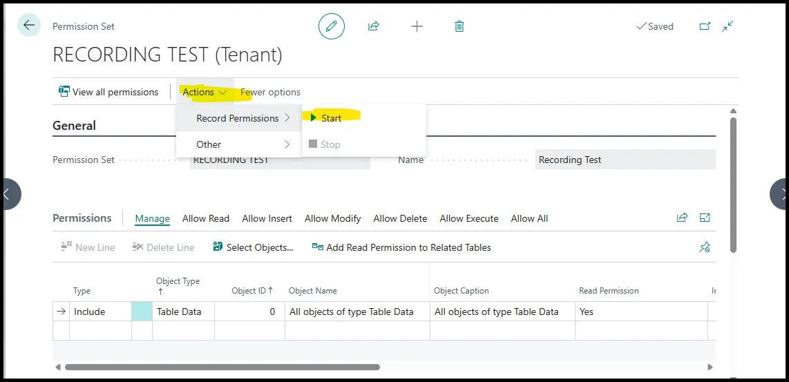 Permission set Actions menu with Record Permissions expanded and the Start action highlighted